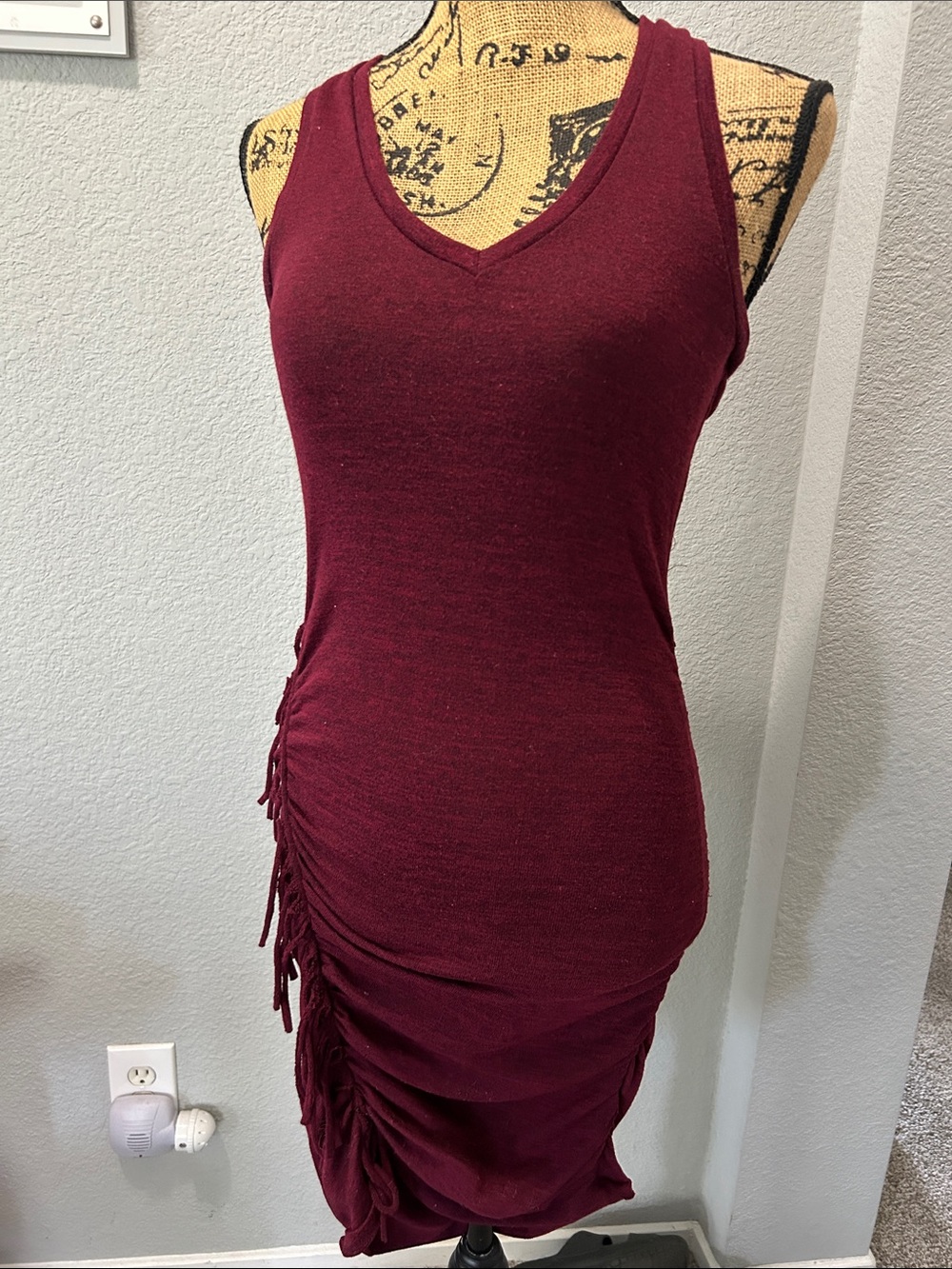 Sleeveless EXPRESS Ruched Bodycon Dress in Deep Burgundy
